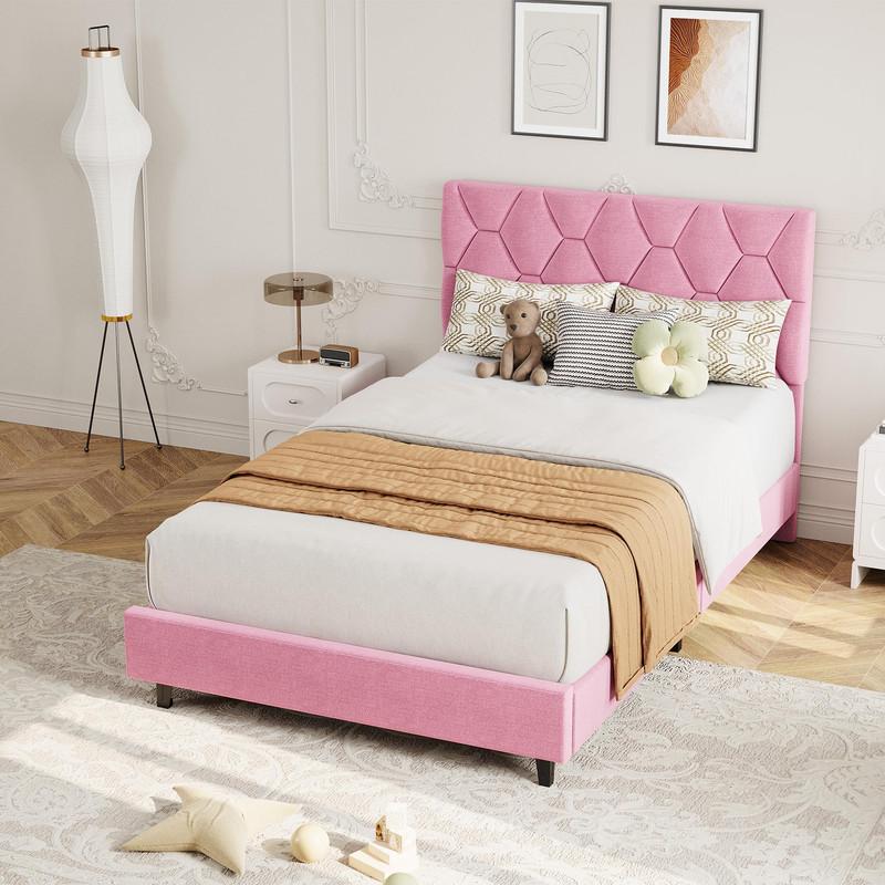PinkTwin Bed Frame with Upholstered Headboard, Heavy-Duty Platform Bed Frame with Strong Wood Slats, No Box Spring Needed/Noise Free/Easy Assembly