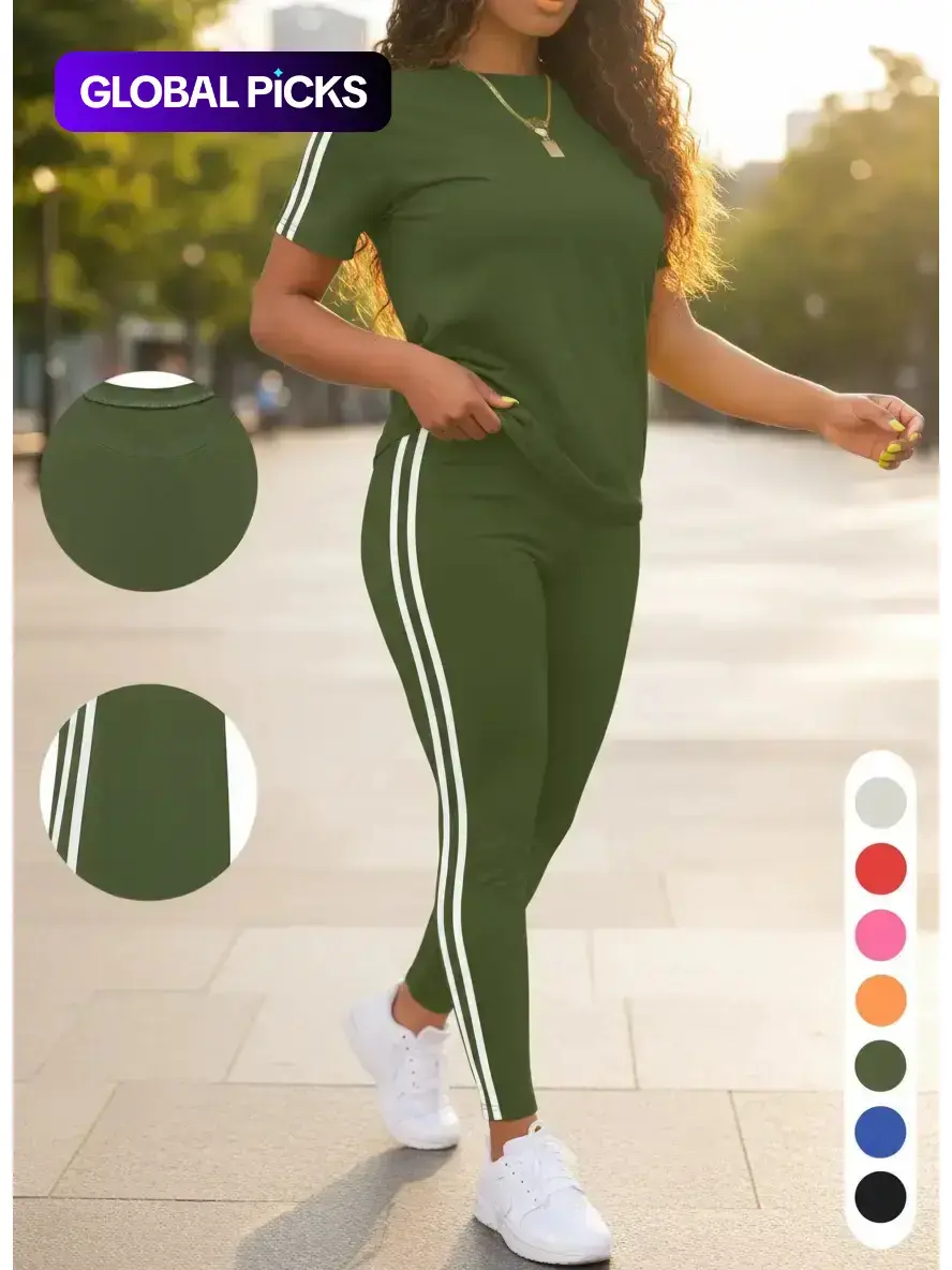 Women's Side Striped Tee & Pants Set, Casual Sporty Fitted Round Neck Short Sleeve T-Shirt & Trousers, Ladies Summer Clothes, Top Outfit Everyday, Athleisure Workout Set, Fitness Tracksuit, Athleisure Outfits, Casual Activewear Set