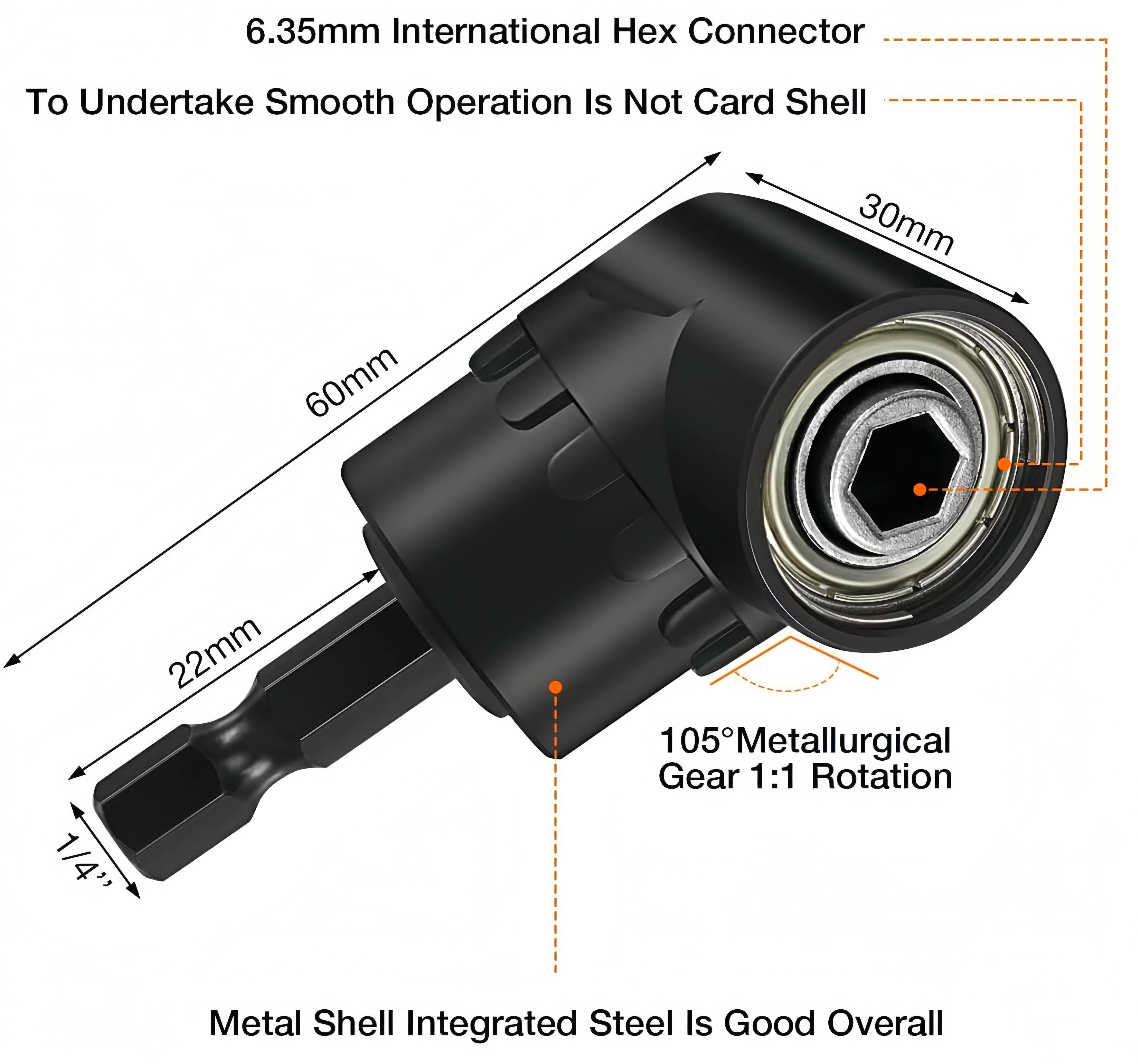 Right-Angle Drill Bit Accessory Set(6pcs), Including 3x 360° Rotatable 1/4", 3/8" & 1/2" Impact-Grade Socket Adapters, 2x 105° Hex Shank Angle Adapters & 90° Right-Angle Drill Bit, Heavy-Duty Tool Kit