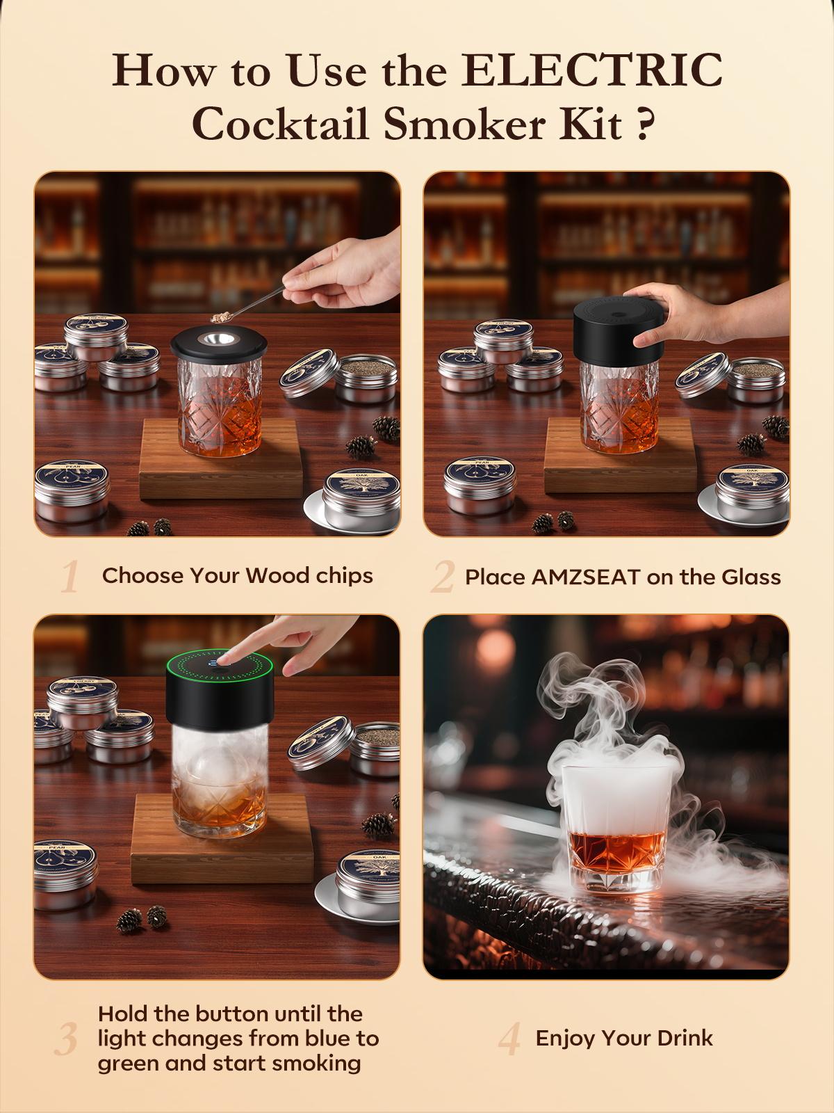 Amzseat Electric Whiskey Smoker Kit Built-in Lighter, No Butane Needed, Rechargeable Cocktail Smoker Kit with 6 Wood Chips,Fashioned Drink Smoker Kit, Bourbon Whiskey Gifts for Men,Dad,Husband,Valentine's Day gift
