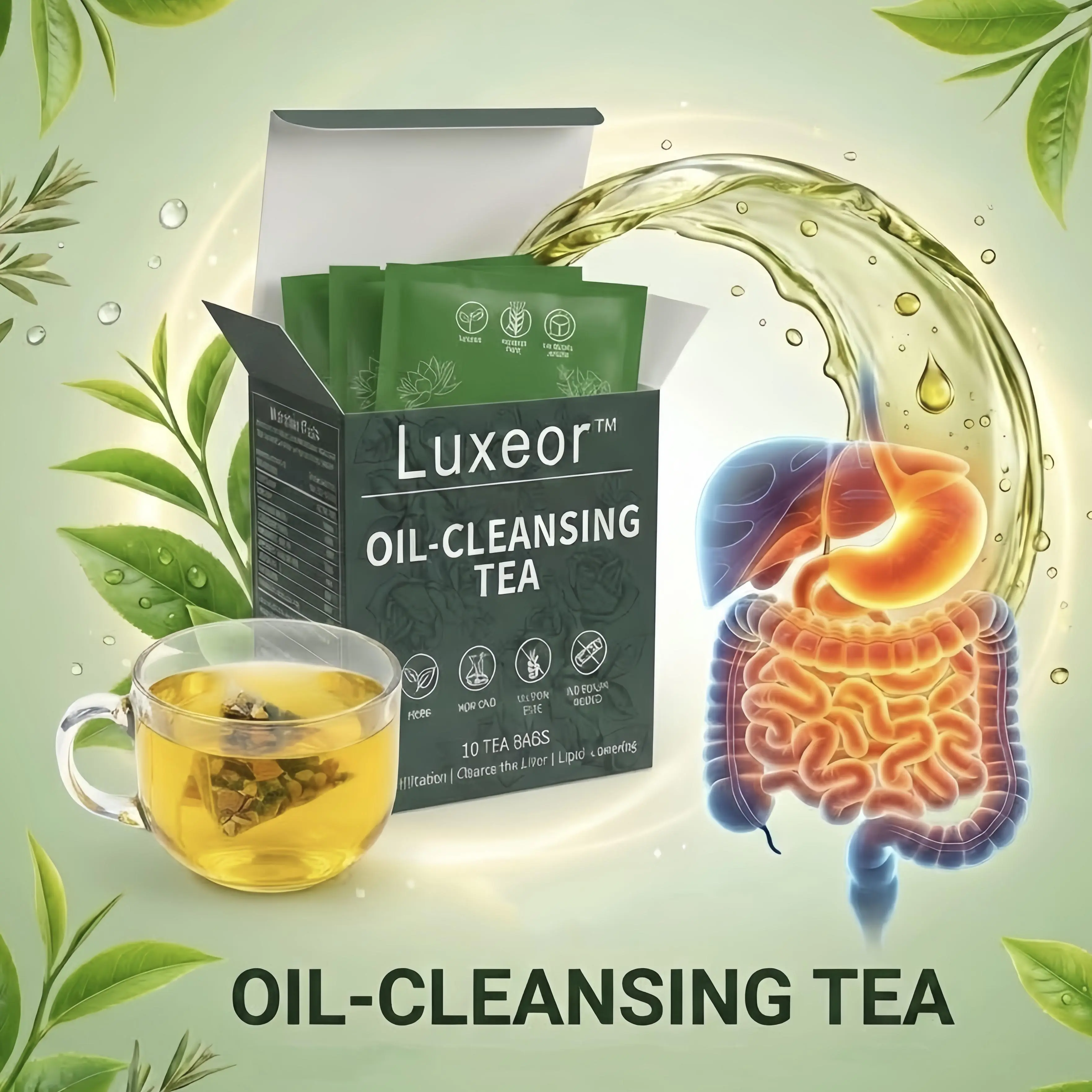 Herbal Oil Flush Tea Bags - 10-Pack Box, Gentle Herbal Essence, Pure Ingredients, Sugar Free, Caffeine Free, Ambient Natural Infusion Beverage