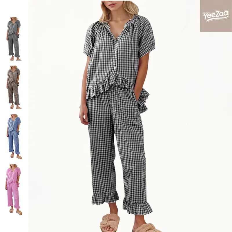 YeeZaa Gingham Pajamas Set 2 Piece for Women Plaid Sets Pjs Vintage Y2K 100% Cotton Clothes Button Down Babydoll Top with Puff Sleeves & Matching Ruffle Pants Cute Loungewear Loungewear Pjs Sleepwear Nightwear Homewear Comfort Outfit