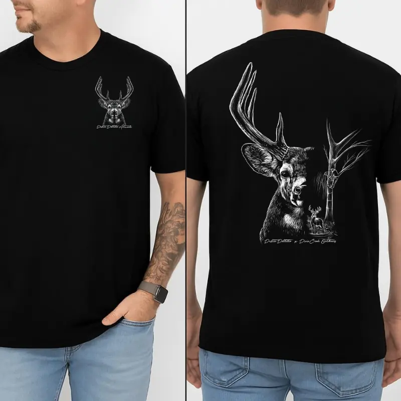 Deer Skull Hunting Tshirt - Monochrome Buck Head Graphic , Rustic Outdoor Scene , Bold Back Print , Perfect For Nature Lovers And Hunters-men's shirt