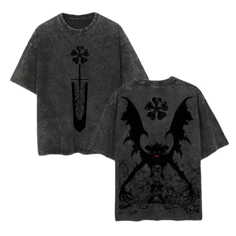 Men's Classic Seamless Round Neck Oversize Washed Heavyweight Cotton Shortsleeve Graphic T-shirt - Menswear Apparel, Vintage 90s Black Clover Asta Wizard King Unisex Anime Top, Gift For Anime Fans