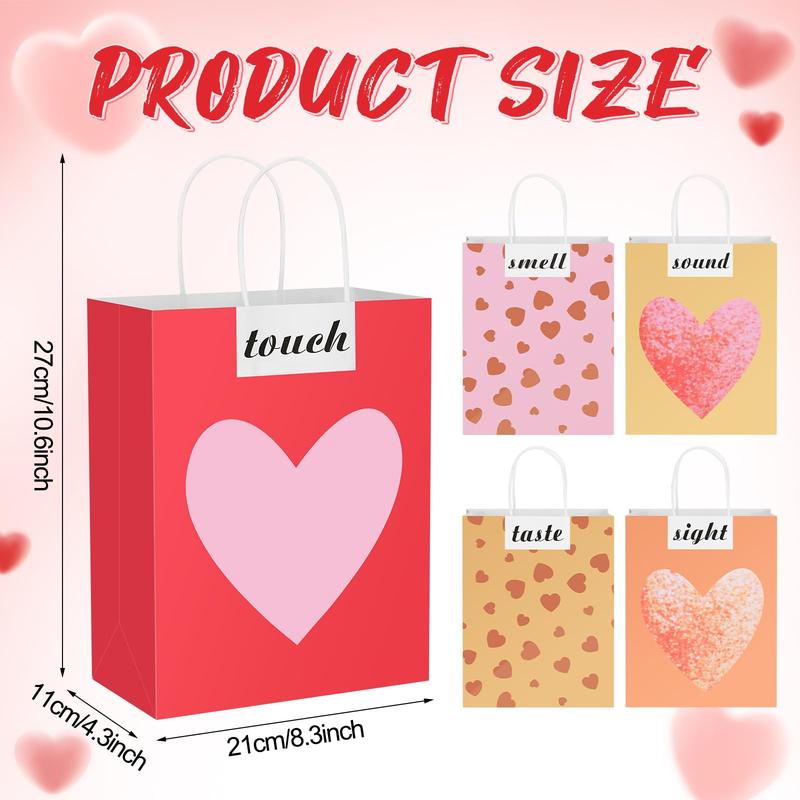 Valentine 5 senses Gift Bags for Her Sight Smell Touch Taste Sound Goodie Bags Paper Gift Bags with Handles Love Heart,Present Wrappings for Christmas Galentine Wedding Birthday Mother Day