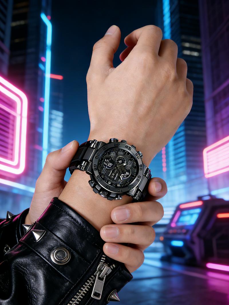 Men's Colorful Punk Style Quartz Watch Multi-FunctionalWater Resistant Dual Display Wristwatch  Trendy Fashion SportWatch  Birthday Gift with Tin Box