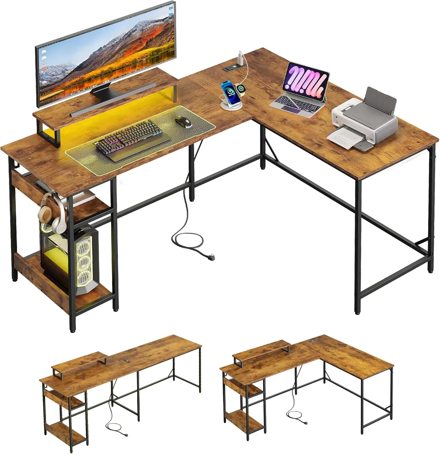 DEVAISE 60" Reversible L-Line Gaming Desk - MDF Top Corner Office Table with LED Mood Lighting, Power Outlets, USB Ports, Monitor Stand, Storage Shelves, Sturdy Table with Outlets Desks & Workstations
