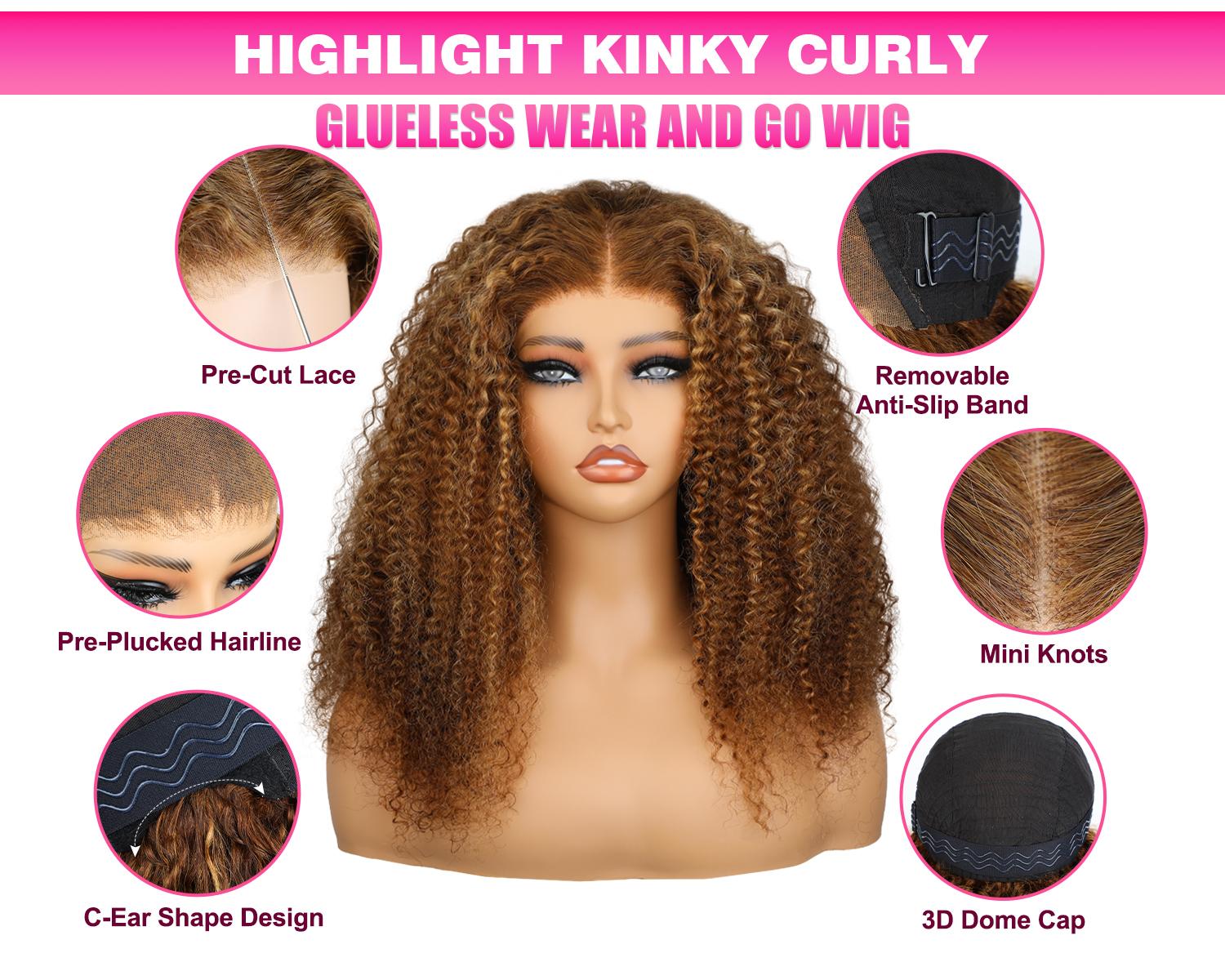 New Arrival 7X5 Wear Go Glueless Human Hair Wigs For Women Pre Cut Lace Highlight Kinky Curly Human Hair Wear Go Wigs 180% Density #dealsforyoudays