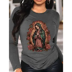 Wo Long Sleeve T-Shirt Religious Virgin Mary & Roses Graphic Tee Inspirational Elegant Top Available for Church Gatherings Faith Inspired Style vintage graphic tees