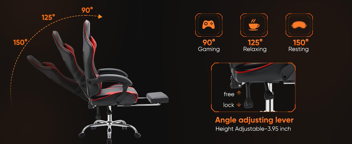 Ergonomic Gaming Computer Chair with Footrest, PU Leather Recliner with Headrest, Fixed Up Armrest, Height Adjustable with 360° Swivel