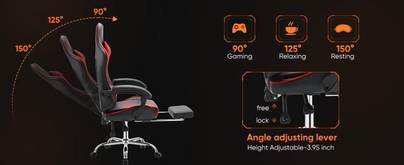 Ergonomic Gaming Computer Chair with Footrest, PU Leather Recliner with Headrest, Fixed Up Armrest, Height Adjustable with 360° Swivel