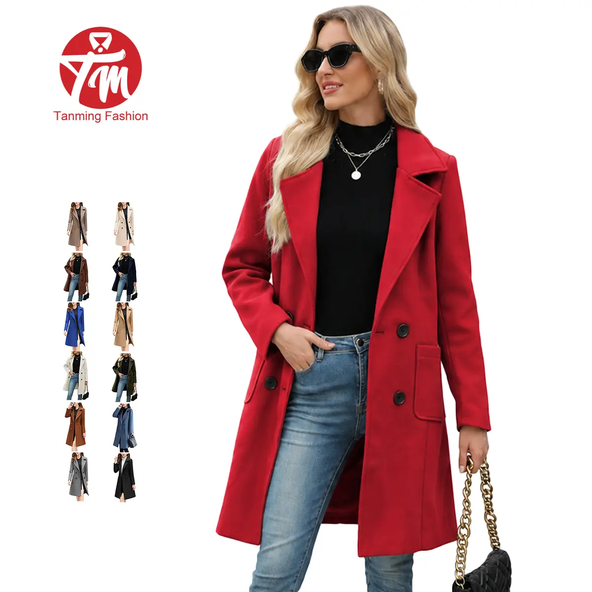 Tanming Women's Chic Minimalist Elegant Basic Winter Wool-Blend Camel Mid-Long Double-Breasted Notch-Lapel Long-Sleeve Fitted Coat Jacket, Button, Holiday, Plain, Dry Clean, Pea Coat, Fitted Cut, V-Neck, Front Button