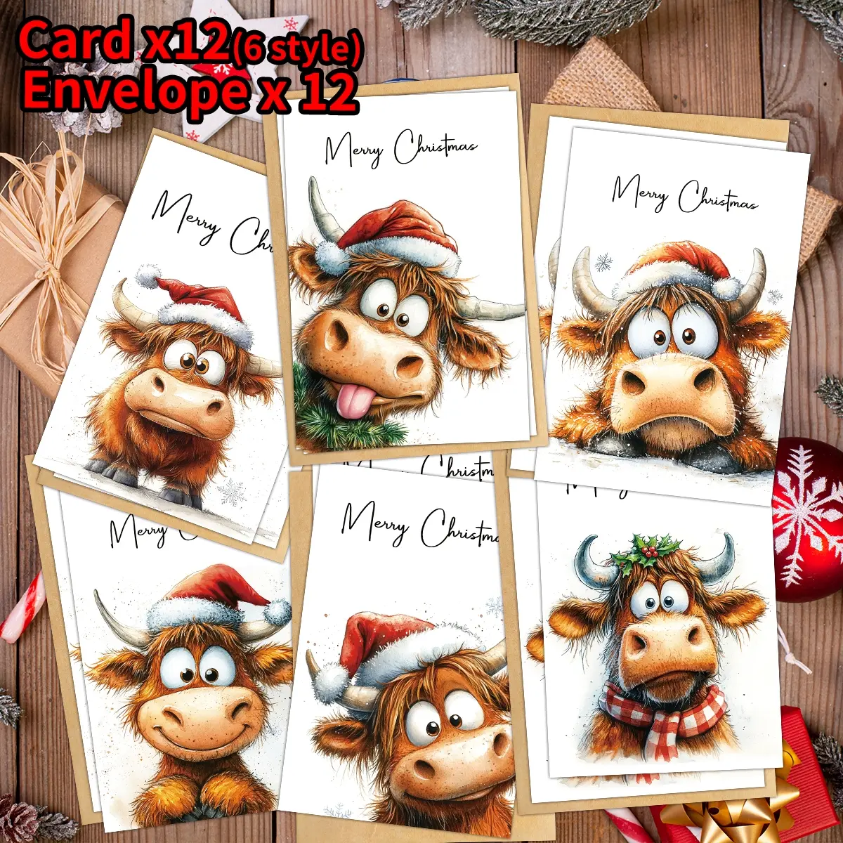 12pcs Festive Highland Cow Christmas Greeting Cards Assortment with Envelopes, Cardstock With Envelope - Merry Christmas & New Year Celebration Cards, Perfect for Holiday Wishes & Thank You Notes, Custom Message Card