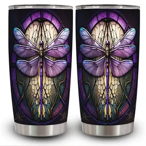 1pc 20oz Stained Glass Dragonfly Tumbler with Lid, Insulated Travel Mug, Gift for Women Men, Ideal for Halloween, Independence Day, Memorial Birthday Gift, Coffee Cup, weird stuff