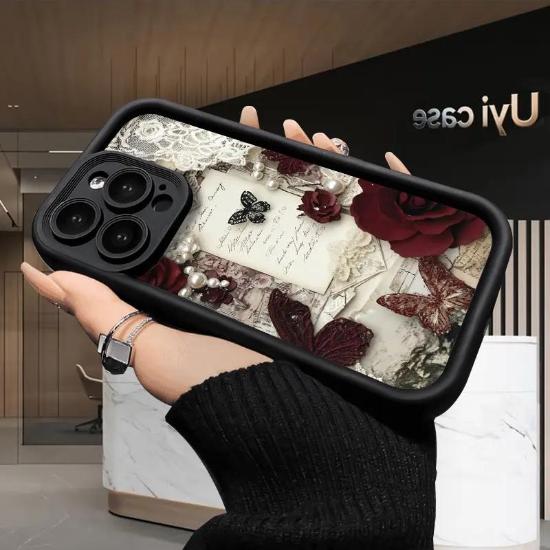 Romantic Rose Letters pattern phone case, compatible with iPhone 17 Pro Max, 16 Pro Max, 15 Pro, 14, 13, 12, and 11.  Shockproof and drop-resistant phone case made of durable silicone material.