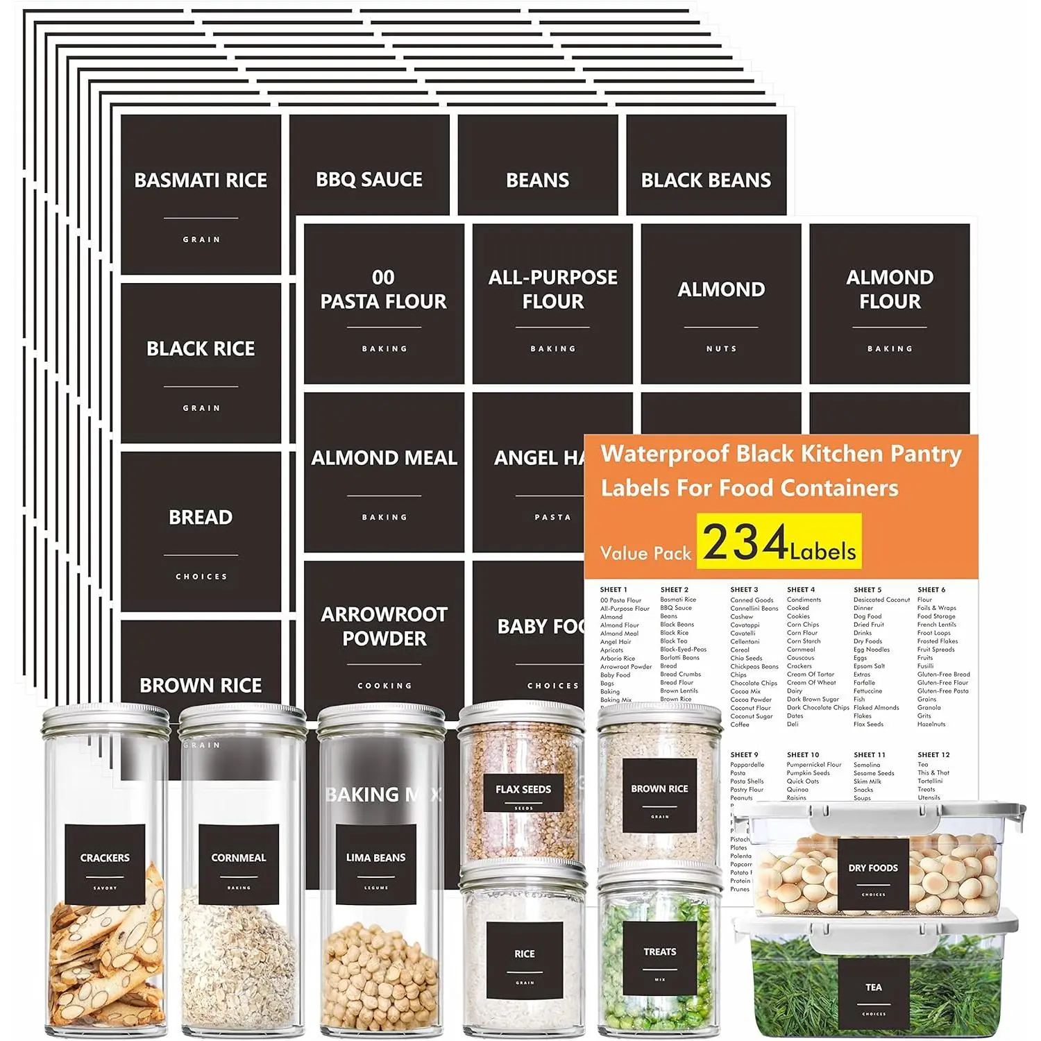 234 Labels Minimalist Adhesive Labeling Aid - Organizing Kitchen, 216 Preprinted (Flour,Pasta,Peas,Condiment,Oil) + 18 Removable 2.5”x2.5” Oil-Resistant PVC Dishwasher-Safe DIY Blank Labels for Pantry Containers Jars, Easy Replacement