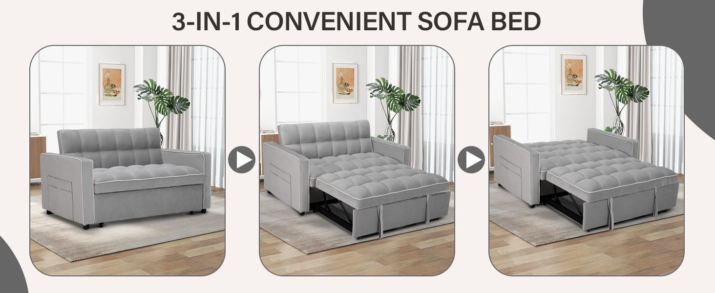 [SpringStatements] EBELLO Velvet Convertible Pull Out Sofa Bed, 3-in-1 Loveseat Sleeper with Adjustable Backrest, Modern Futon Couch with 2 Pockets, Small Love Seat Sofas for Living Room, Bedroom, Apartment, Off White