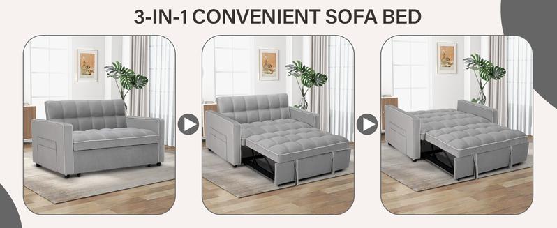 [JumpstartSale]EBELLO Velvet Convertible Pull Out Sofa Bed, 3-in-1 Loveseat Sleeper with Adjustable Backrest, Modern Futon Couch with 2 Pockets, Small Love Seat Sofas for Living Room, Bedroom, Apartment, Off White