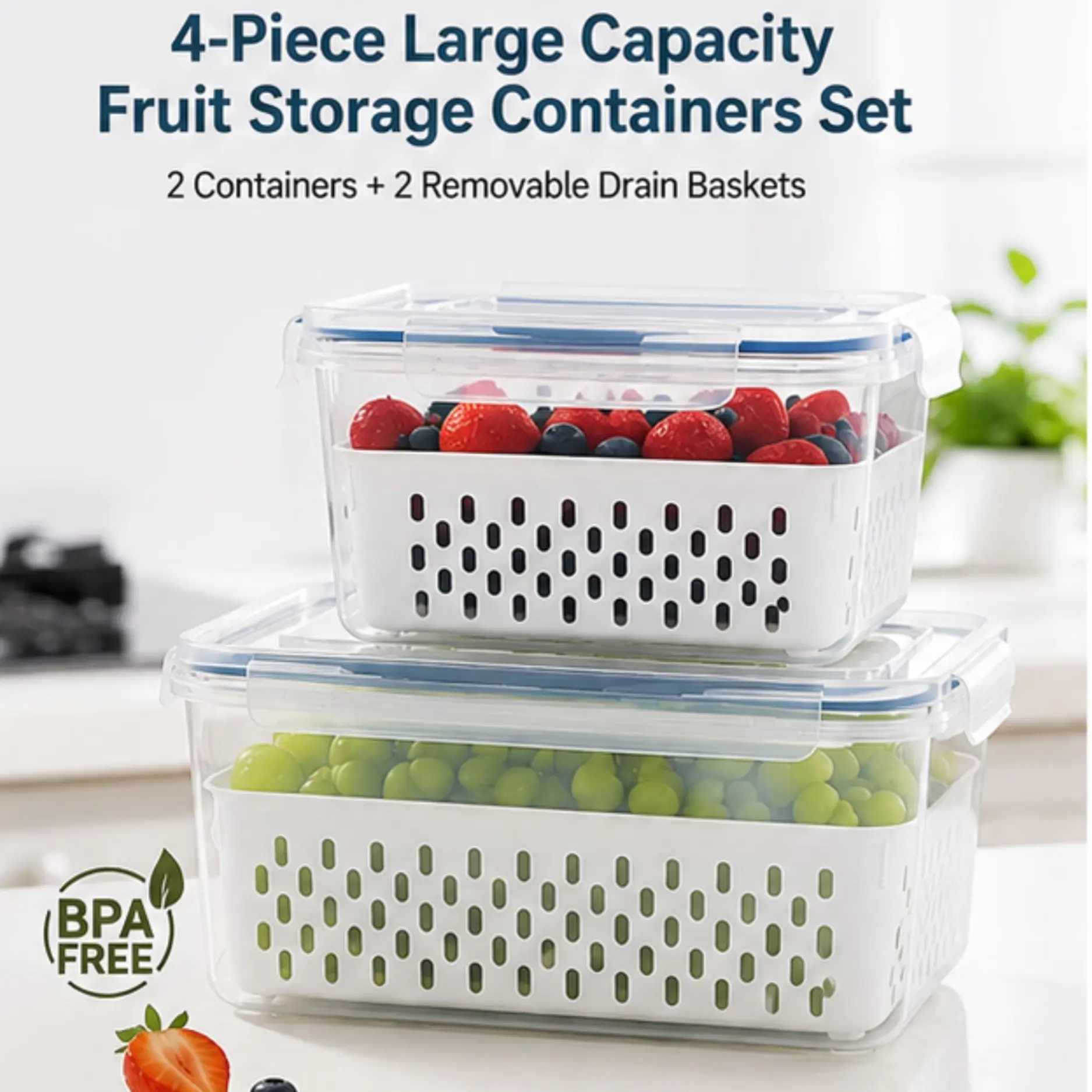 4PCS Rectangular Kitchen Food Storage Containers with Lid, Airtight Silicone Seal Produce Saver with 2 Removable Drain Baskets, Large Capacity Refrigerator Utensils Set, Dishwasher Safe