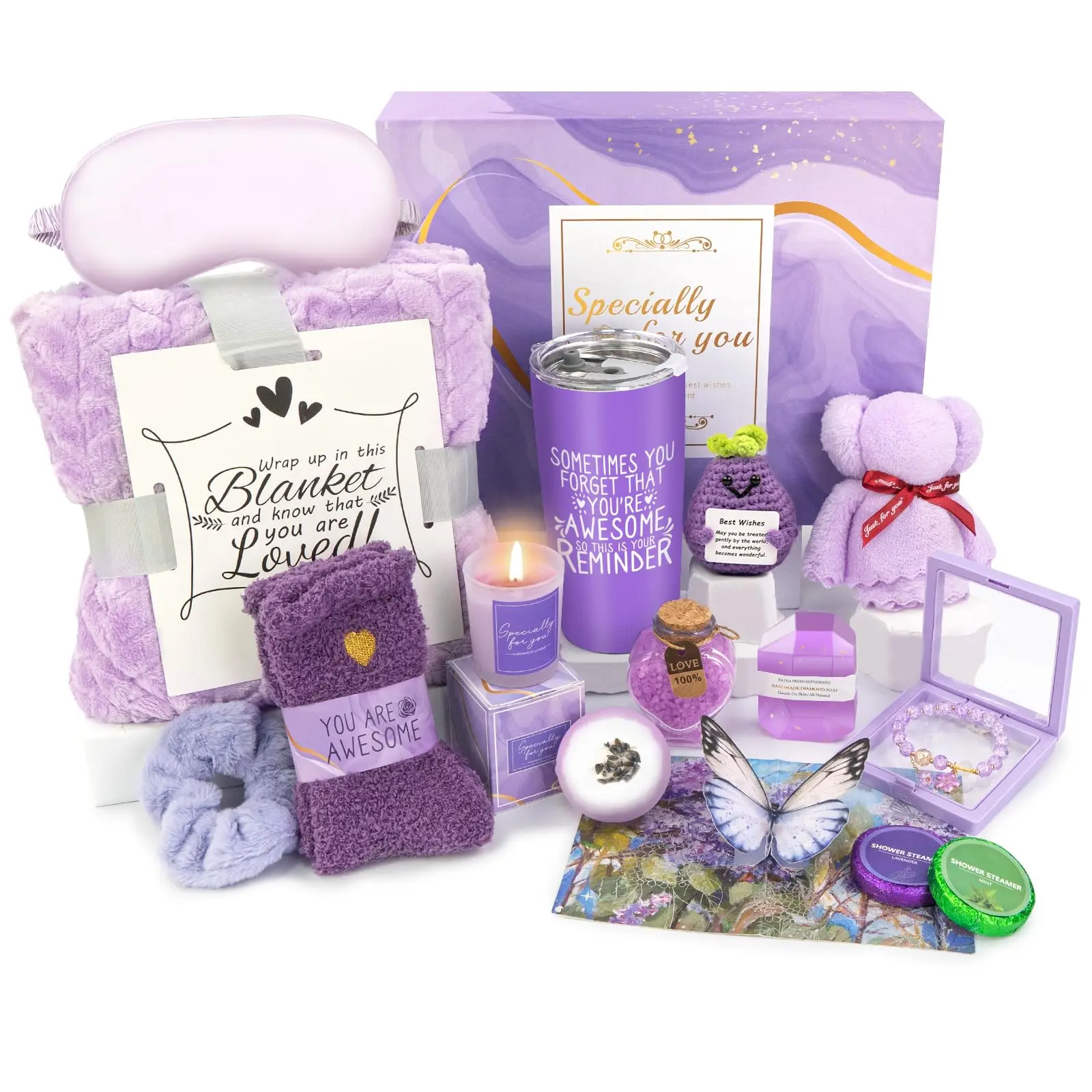 Lavender Relaxing Spa Set for Women - 16-Pcs Body Care Cosmetic Self Care Sets, Unique Get Well & Birthday Gift Basket for Mom (Festive Party Supplies Gift Bag)
