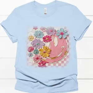 Painted Floral Smiley Face Direct-To-Film (DTF) Ready-To-Press Print for T-Shirts, DIY Printmaking & Embossing Accessory