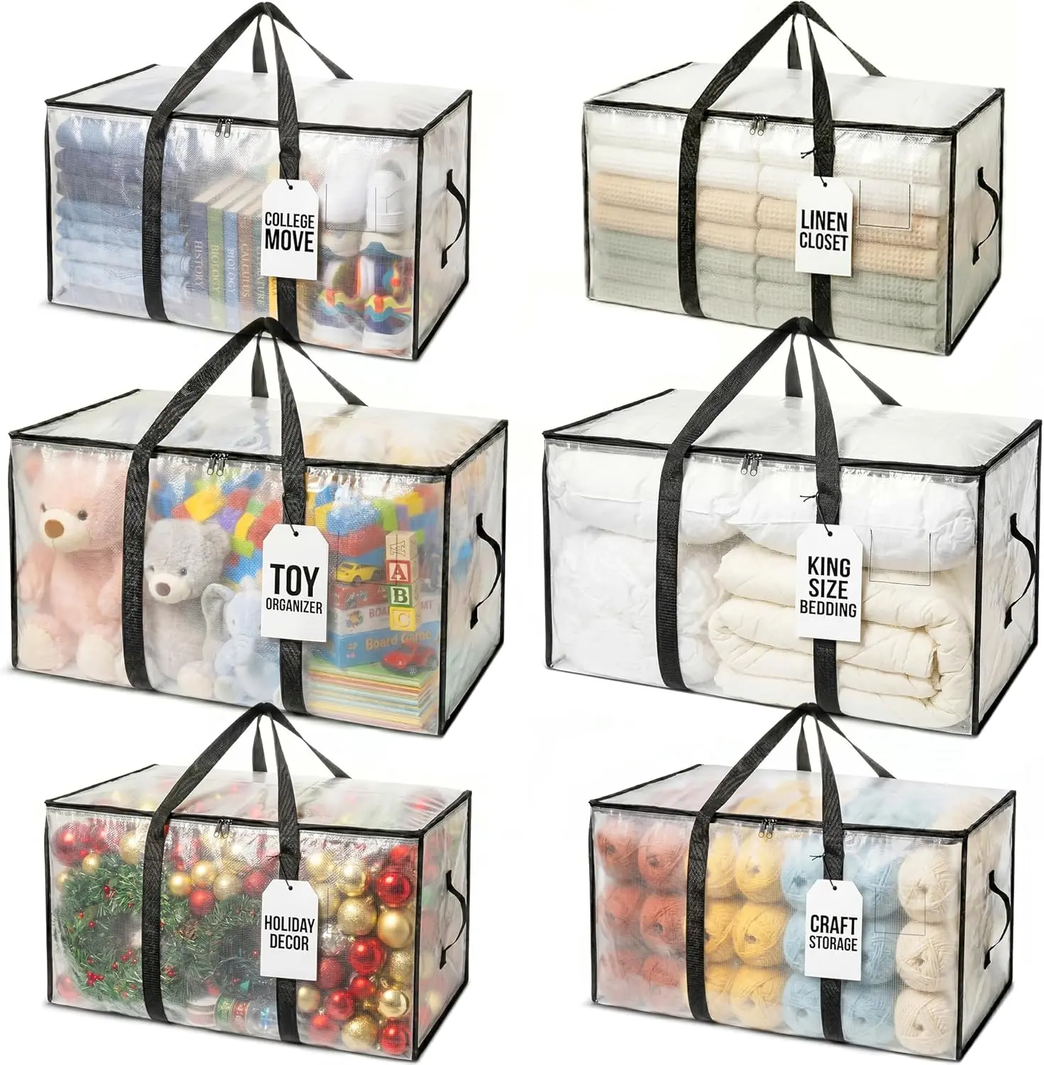 Large Clear Storage Bags with Reinforced Handles, Foldable Moving Organizer for Bedding, King Size Comforter, Toys, Holiday Decorations, Craft Yarn, Linen Closet, College Dorm, Heavy Duty Moving Packing Storage Totes with Zipper for Home Organization
