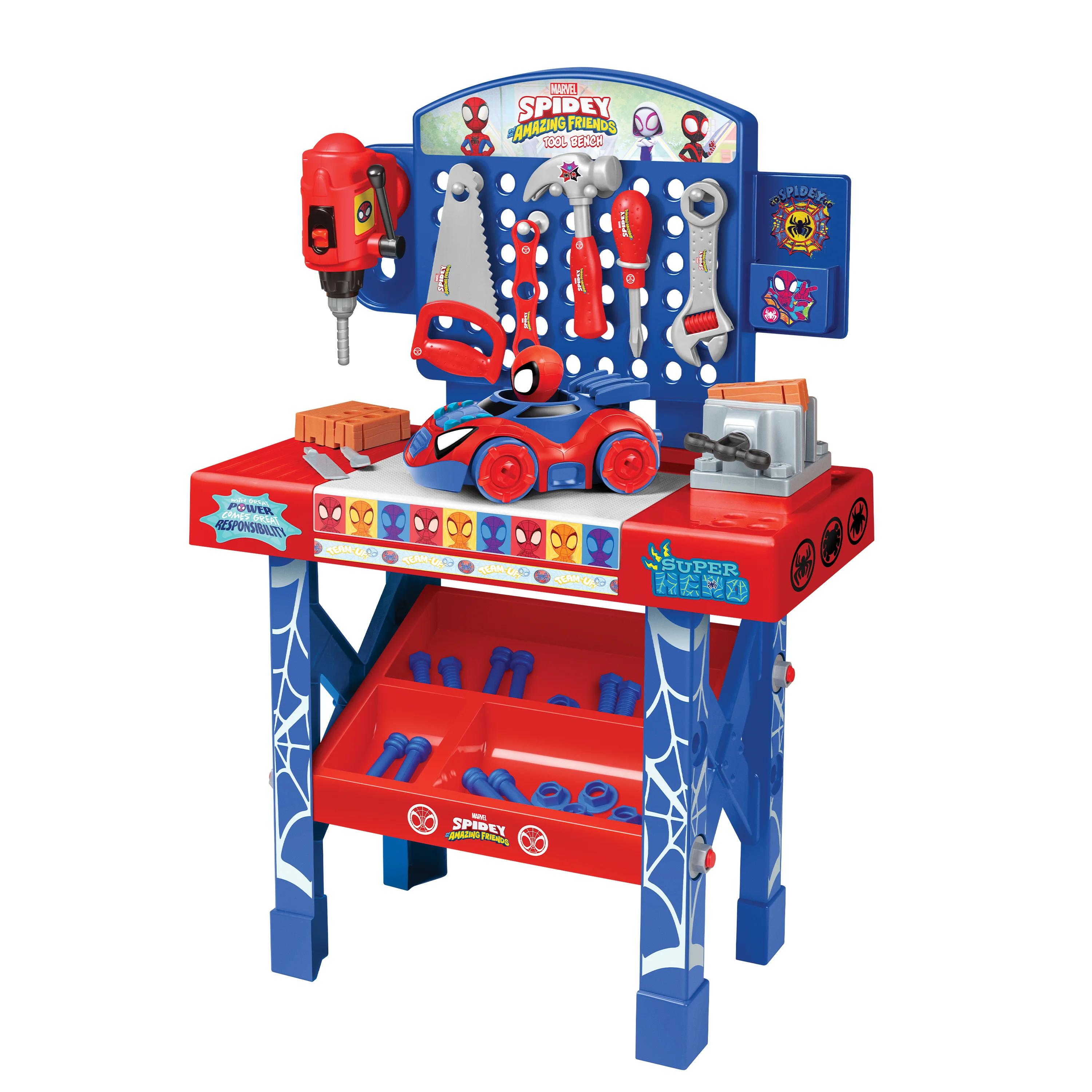 Marvel Spider-Man | Spidey and His Amazing Friends | Team Nascar | Transformers Pit Stop Tool Bench Playset - Pretend Play & Real Tool Fun for Kids Age 4+; Official Licensed