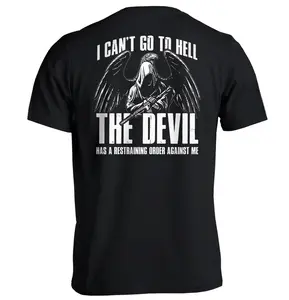 I Cant Go To Hell The Devil Has A Restraining Order Against Me Funny Dark Humor T Shirt for Men, Grim Reaper Graphic Tee, Vintage Streetwear Shirt, Edgy Humor Apparel, Unique Gift Idea