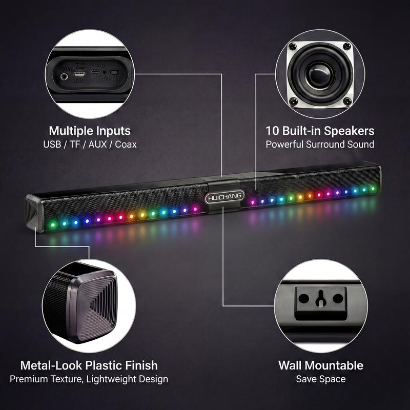 HUICHANG 10-Speaker RGB Soundbar – Wireless Bluetooth 5.3 Slim 34.6” Design,  Deep 9D Bass, TWS Stereo, Piano Black Finish, AUX/USB/Coaxial Inputs, Perfect for Home Theater, TV, Gaming & Party Smartphone Audio，Black Friday, gifts，New Year's Party