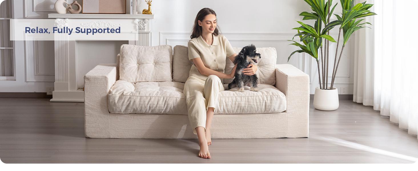 MAXYOYO 3 Seater Couch for Living Room, Boneless Couch with Tufted Cushion & Backrest, Upholstered Floor Sofa with Armrests, Sofa in A Box, No Assembly Required