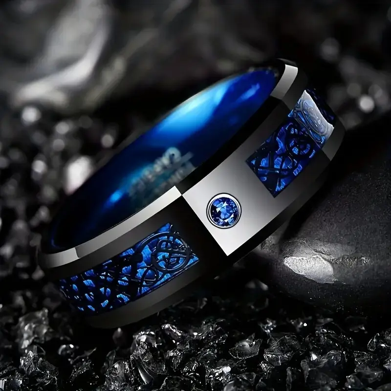 Men's Stainless Steel Dragon Ring with Blue, Red or Green Carbon Fiber Inlay, Metal Coating Fashion Jewelry for Daily Wear, Sizes 7-13