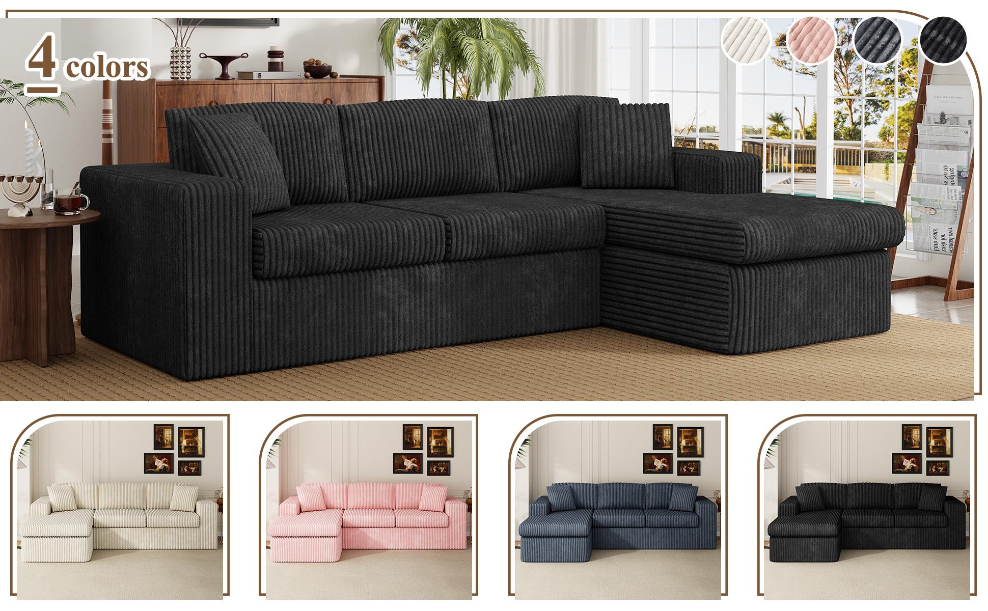 Walsunny 104" Cloud Sectional Couch L-Shape Chaise Modular Sofa in Plush Corduroy Fabric for Living Room & Bedroom No Assembly Required Black Upholstered Couches