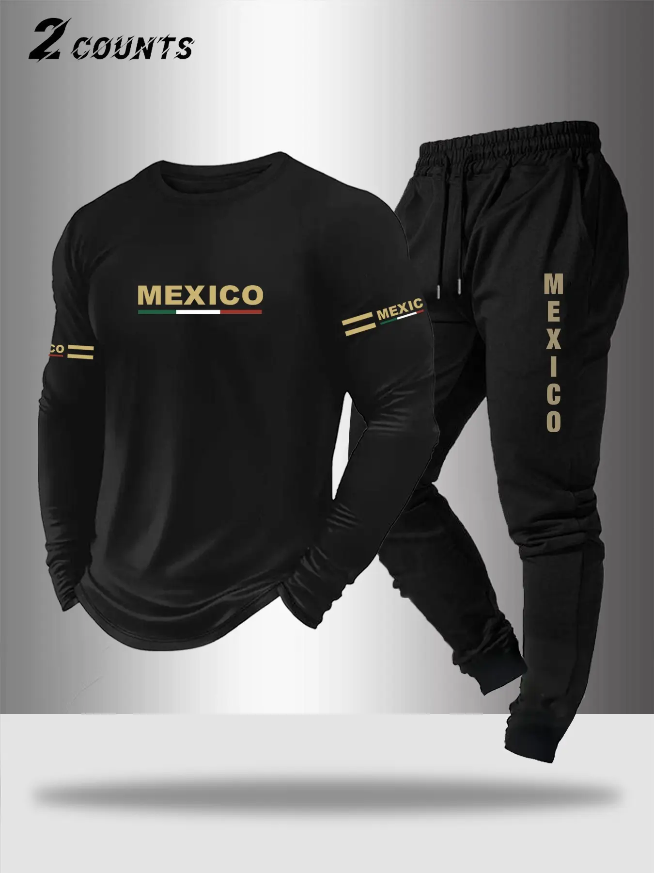 Men's Letter Print Long Sleeve Top and Drawstring Sweatpants Set, Eagle Design Mexico Print Casual Wear, All-Day Comfort