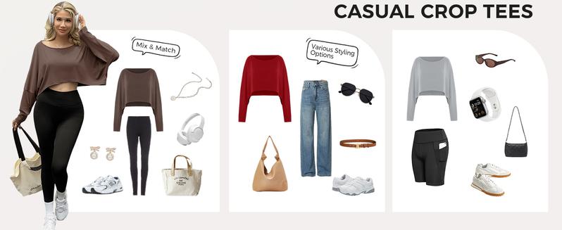 Fisoew Womens Off Shoulder Cropped Tops Batwing Long Sleeve Loose Fit Summer Boat Neck Workout T Shirts