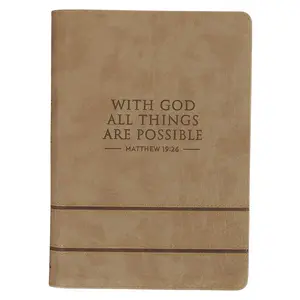 With God All Things Are Possible Tan Faux Leather Journal with Zipper Closure - Matthew 19:26