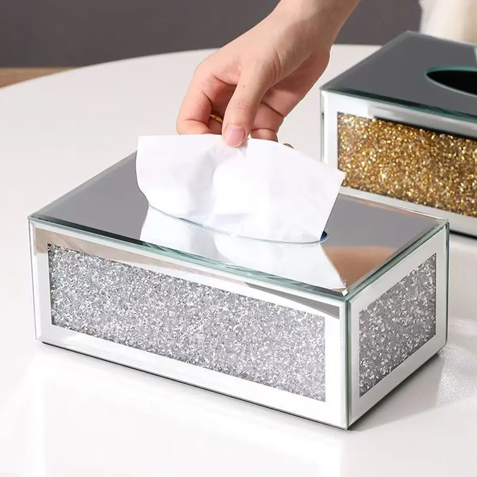 European Style Dustproof Crystal Diamond Glass Leather, Cream Wind Living Room High-End Restaurant Simple Bar Table Luxury Creative Paper Box Tissue Dispenser Tissue Storage Box