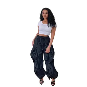 Women's Elegant Cargo Lantern Pants  New Patchwork Ruffle Design Cuffed Office  Casual Trousers Fabric Womenswear Bottom Drawstring