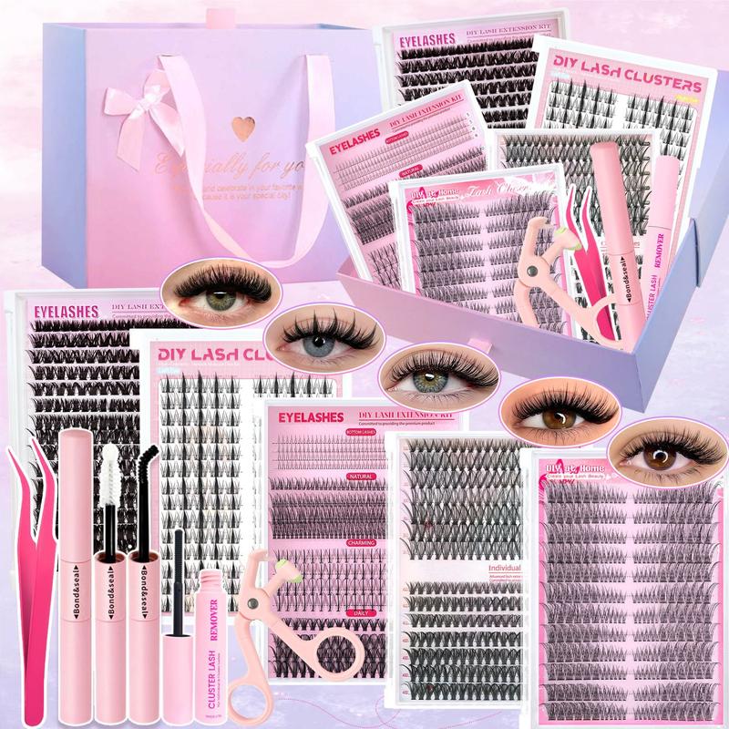 Cluster Lash Extension Gift Set, 30D 40D 60D 80D 100D Natural Styles Cat Eyes Extra Volume, Soft & Lightweight, with Bond & Seal, Remover, Tweezers, Brush, Easy DIY Eyelashes at Home, Salon Look at Home, Long-Lasting Glamorous Effection Valentine's Day