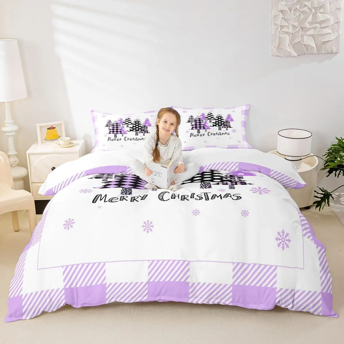 Xmas Trees Duvet Cover Set,Purple Plaid Grid Snowflake Bedding Set Bedroom Decor,Christmas Theme Comforter Cover New Year Quilt Cover,No Comforter