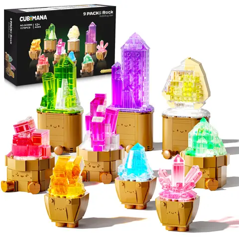 Valentines Day Gift 9 Pack Mineral Collection Mini Building Set with LED Light, 1170PCS Crystals Flower Bonsai Block Toy for Home Office Decor, Party Favors Gifts for Kids Adults Women