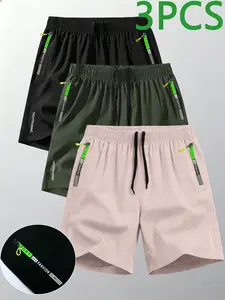 Men’s athletic shorts, 3-pack; men’s bermuda shorts; drawstring waist design; available in multiple colors; men’s running shorts for summer outdoor wear—quick-drying, casual, breathable.