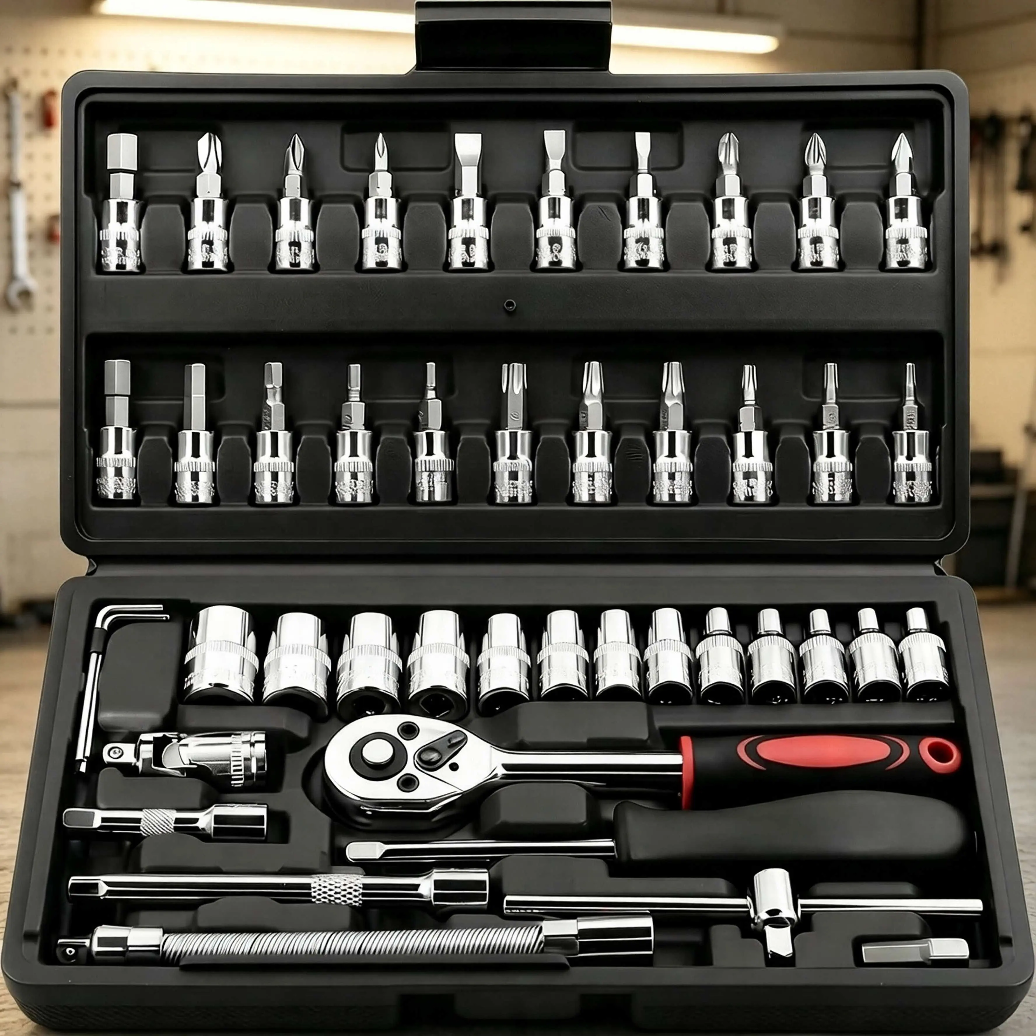 46-Piece Home & Auto Repair Toolbox Set - Flat-Tipped Screwdriver Sets, Ratchet Wrench, Combination Sleeve Manual Hardware Gadgets for Home Improvement, Car Tool Set, Complete Tool Kit