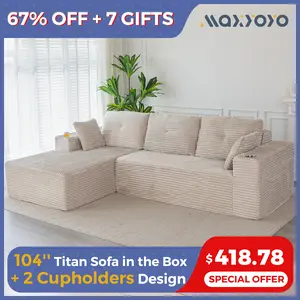 [Hot Sale] MAXYOYO 104" L-Shape Modular Couch, Corduroy Cloud Sectional Floor Sofa, Cozy for Living Room or Apartment, 104"*65"*31.5", 2 Cupholders Design