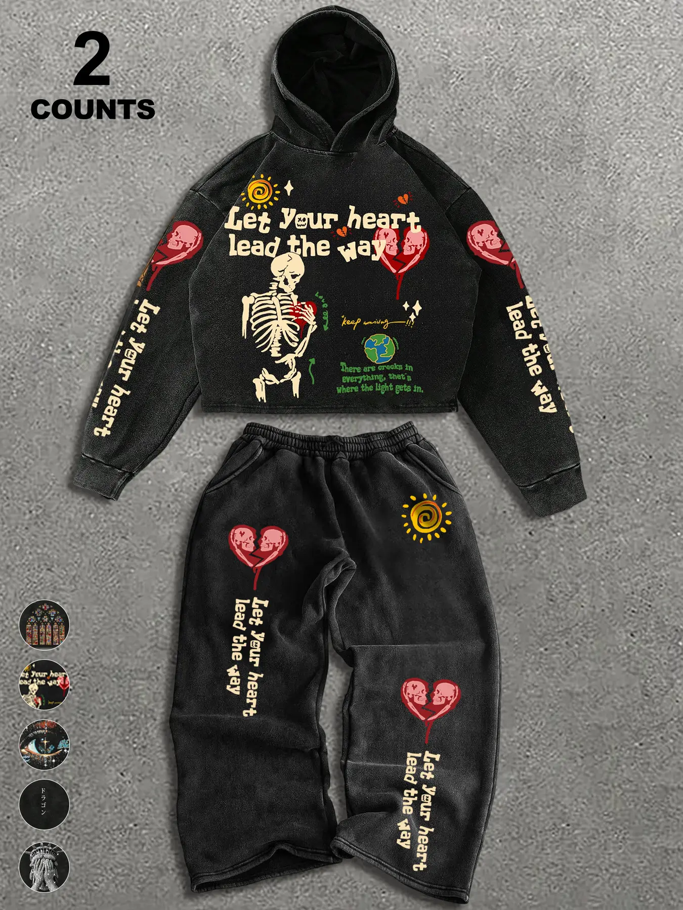 Men's Gothic Street-Style Skull-Print Casual Matching Set, Artistic Design Long-Sleeve Top & Casual Fitted Sweatpants, Trendy Party Wear for Fall and Winter, Casual Fashion Set, Gothic Clothes, Sweatshirt Sets, Co Ord Set