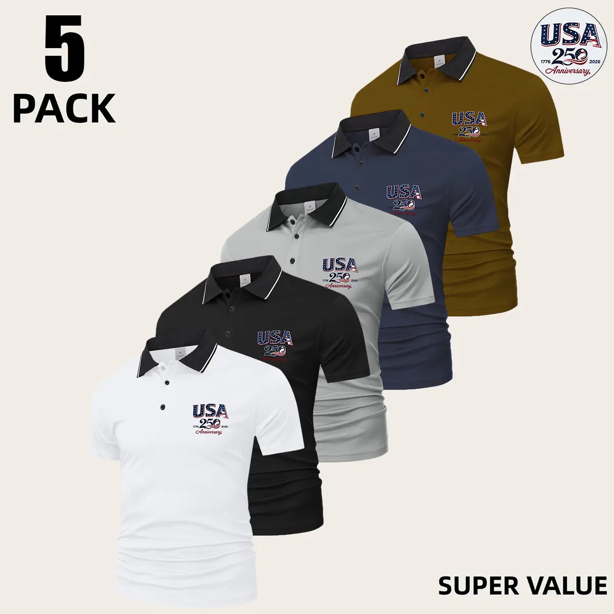 Men’s printed polo shirt, breathable short sleeves, casual and semi-formal wear; commemorative polo shirt for the 250th anniversary of American independence (1776–2026), July 4 theme; Independence Day summer top; menswear; men’s polo set.