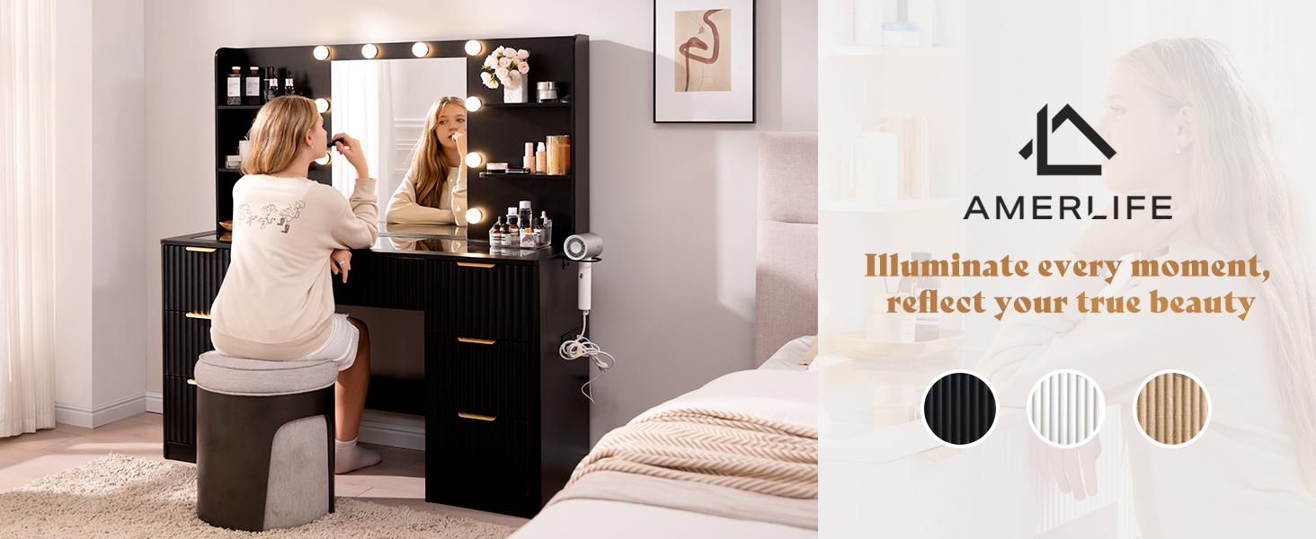 AMERLIFE 36.2/47.2" Fluted Vanity Desk with Mirror and Adjustable LED Lights, Large 4/7 Drawers Makeup Table with Glass Top and Charging Station for Women and Girls,,Best Gift Ideas/Christmas Gifts