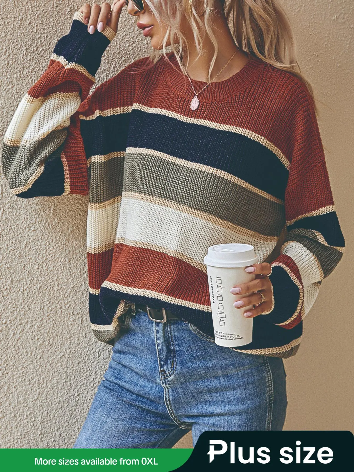 【Plus Size】 Patchwork Print Drop Shoulder Knitting Sweater, Casual Long Sleeve Round Neck Jumper, Knitted Top for Fall & Winter, Women's Clothing for Daily Wear, Casual Fashion Knitwear, Knitwear, Womenswear