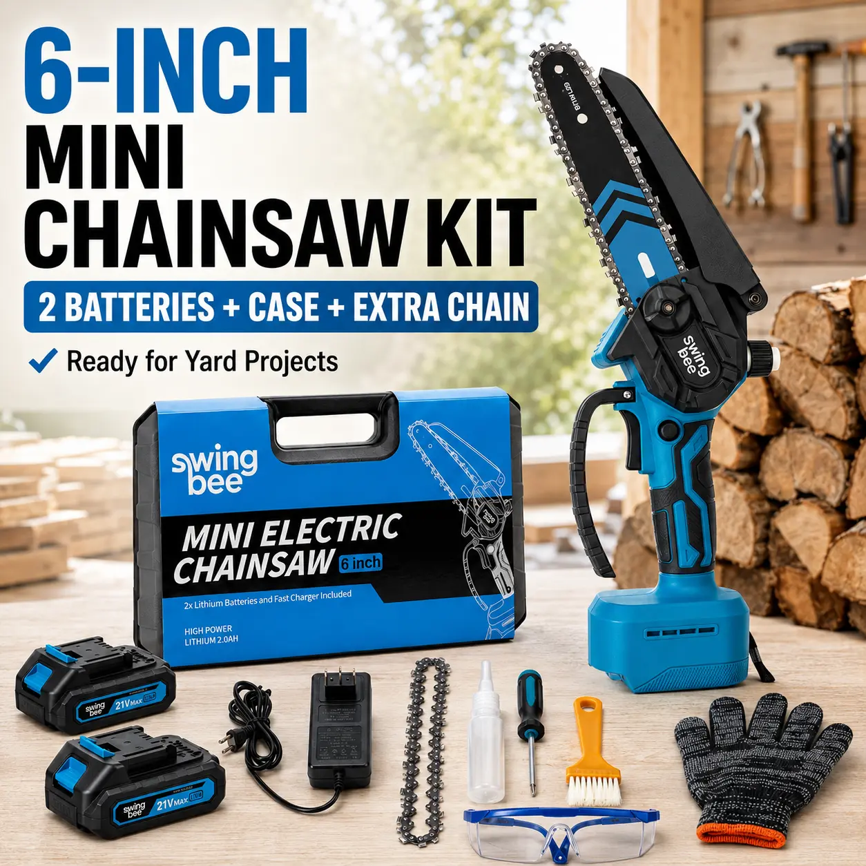 Swingbee 6 Inch Mini Chainsaw Kit, Cordless Electric Chain Saw with 2 Batteries, Carrying Case & Extra Chain, Portable Wood Cutting Saw for Tree Trimming, Garden Pruning, Backyard DIY Projects
