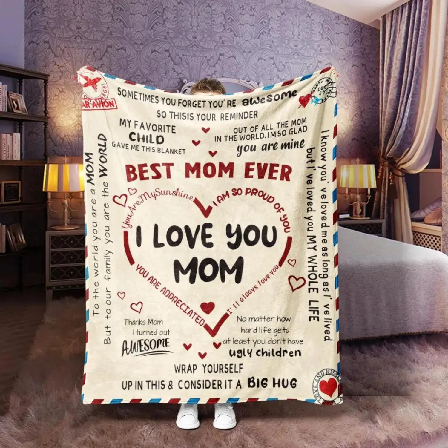 Letter To Mom Pattern Lightweight Washed Blanket, 1/2/3 Counts Soft Comfortable Warm Throw, Air-conditioned Room Warm Nap Blanket for Home Office Travel, Heartfelt Gift Blanket, Bedroom Accessories, Funny Gift #TOP PICKS