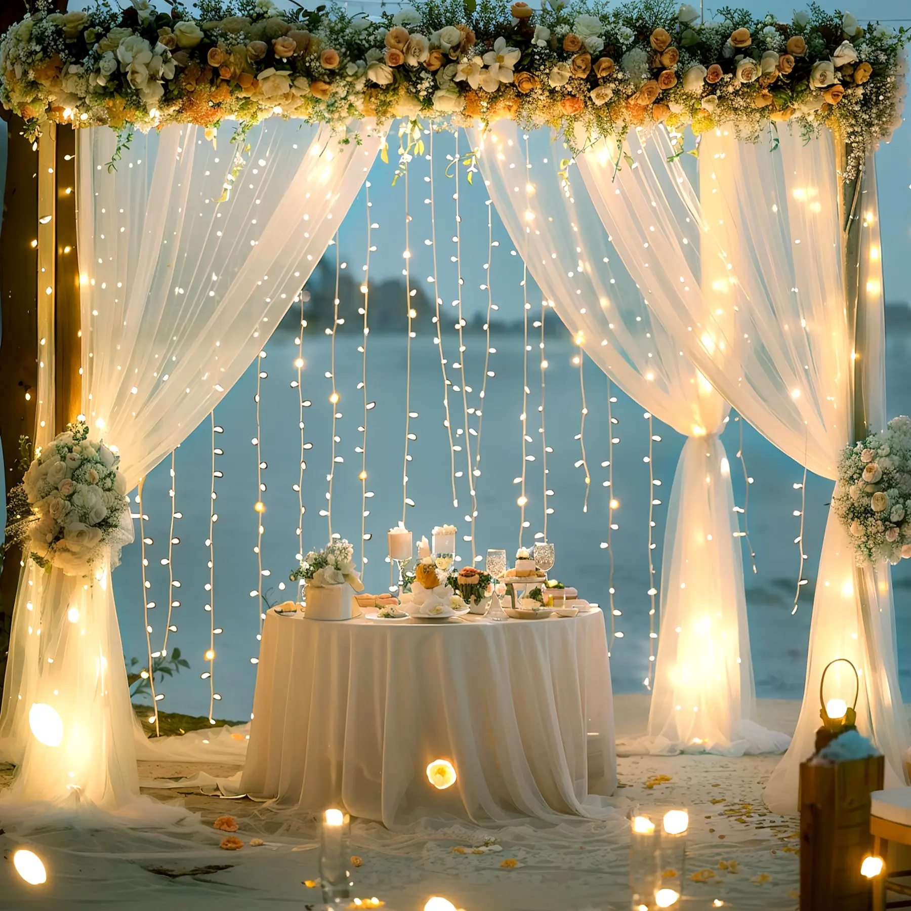 Cozy 5×10ft Collapsible Solid Polyester Sheer Tulle Wall Hanging Backdrop Curtain Set - Pocket-Included, with Party Lights, for Wedding, Photo Shoot, Christmas, Room, Window Home & Festive Supplies